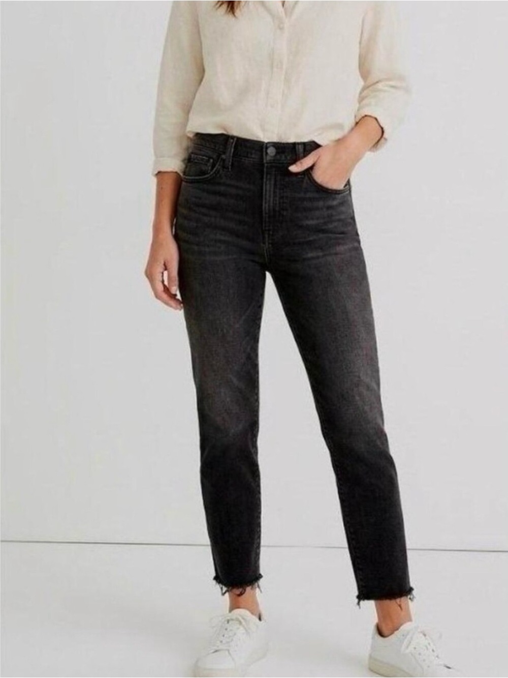 Madewell The High-Rise Slim Crop Boyjean Black Raw Hem Jeans 28P Petite